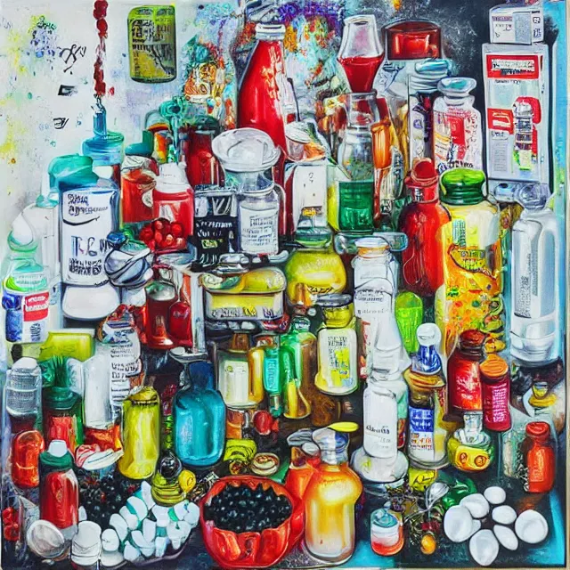 Image similar to “ pharmacy, street hawkers, medical supplies, pills and medicine, medicinal herbs, a candle dripping white wax, squashed berries, berry juice drips, acrylic and spray paint and oilstick on canvas, surrealism, neoexpressionism ”