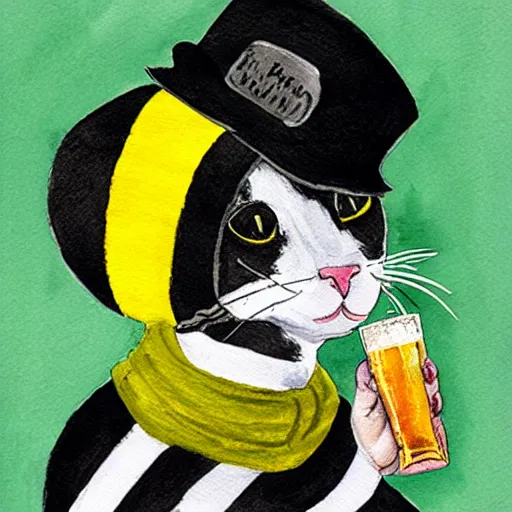 Prompt: a cat wearing a black bucket hat and a black and yellow striped scarf drinking a beer at an outdoor pub in stockholm, children\'s book drawing watercolor