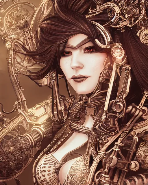 Prompt: portrait of lady mechanika comic, intricate linework, unreal engine 5 highly rendered, global illumination, detailed and intricate environment, by joe benitez