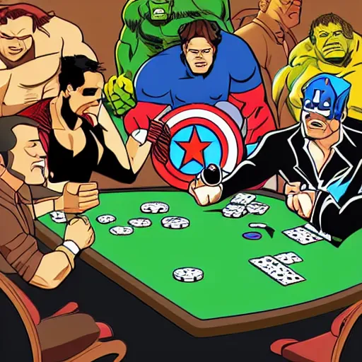 Prompt: The Avengers playing Texas Hold'em Poker at a round table, Hulk going all in, trending digital art