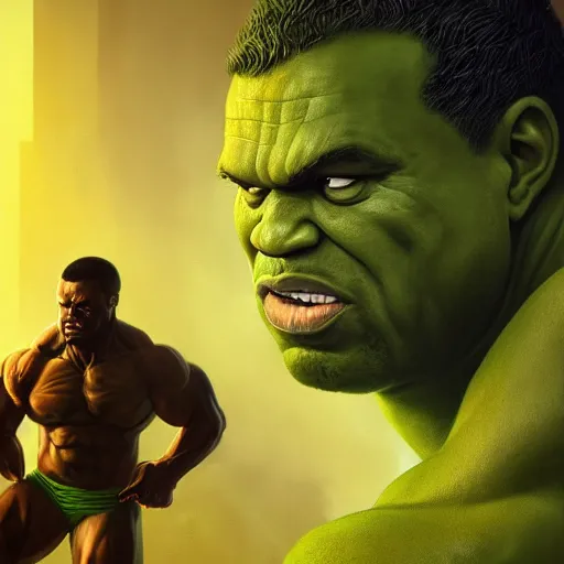 Prompt: Portrait of green Kanye West as the Hulk, amazing splashscreen artwork, splash art, head slightly tilted, natural light, elegant, intricate, fantasy, atmospheric lighting, cinematic, matte painting, by Greg rutkowski