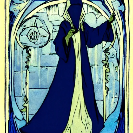 Image similar to a cloaked mage casting a magic spell from her hand toward an ice castle, art nouveau