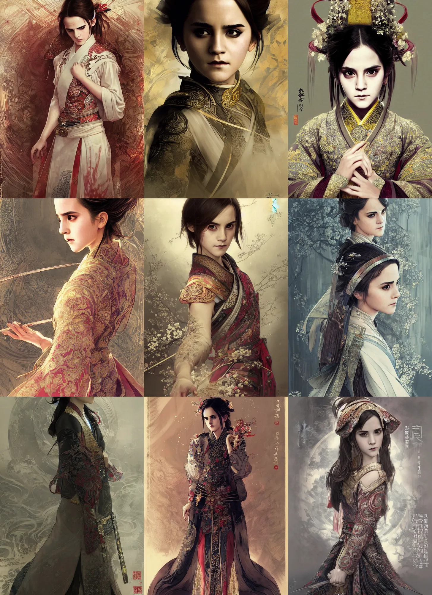 Prompt: asian emma watson wearing furisode, portrait, symmetric, intricate, highly detailed, concept art, sharp focus, illustration, aleksi briclot, rutkowski, mucha