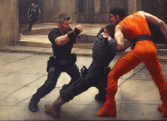 Image similar to Javier fights sgt Nash. Cyberpunk kickboxer in orange jumpsuit fighting menacing police troopers (blade runner 2049). attractive face. Epic painting by john william waterhouse and Edwin Longsden Long and Theodore Ralli and Nasreddine Dinet, oil on canvas. Cinematic, hyper realism, realistic proportions, dramatic lighting, high detail 4k