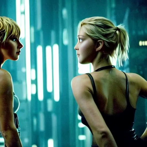 Image similar to julianne hough and jennifer lawrence fighting by ridley scott, secret agents, wearing black shorts, wearing black boots, wearing a cropped tops, blade runner, highly detailed, action movie still, intense, sharp focus, cyberpunk, hq