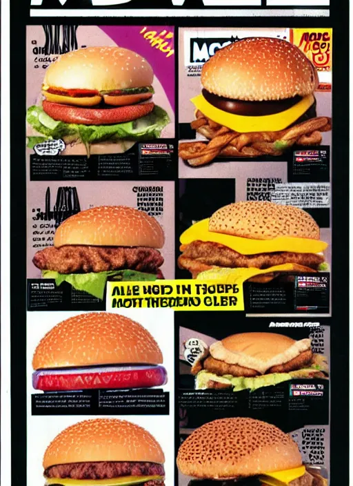 Prompt: a 1 9 9 9 magazine page with ads for mcdonalds and spiders, a full page magazine scan, hd