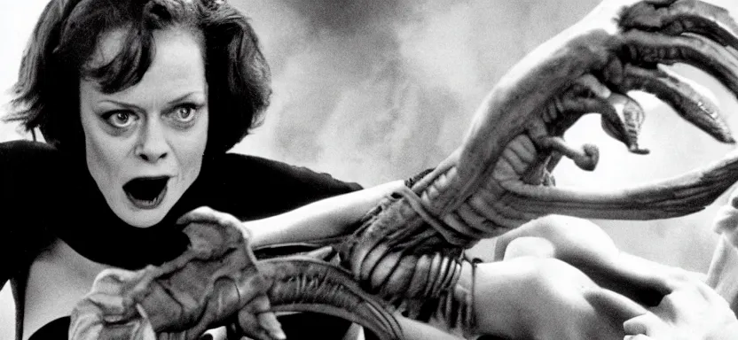 Image similar to sigourney weaver fighting a monster in a film still from a roger corman film, hyperrealistic