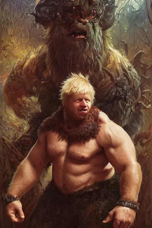 Image similar to portrait of boris johnson as a hairy hulking herculean demon, forest, godlike, full body, fantasy, intricate, elegant, highly detailed, digital painting, artstation, concept art, sharp focus, illustration, art by artgerm and greg rutkowski and alphonse mucha