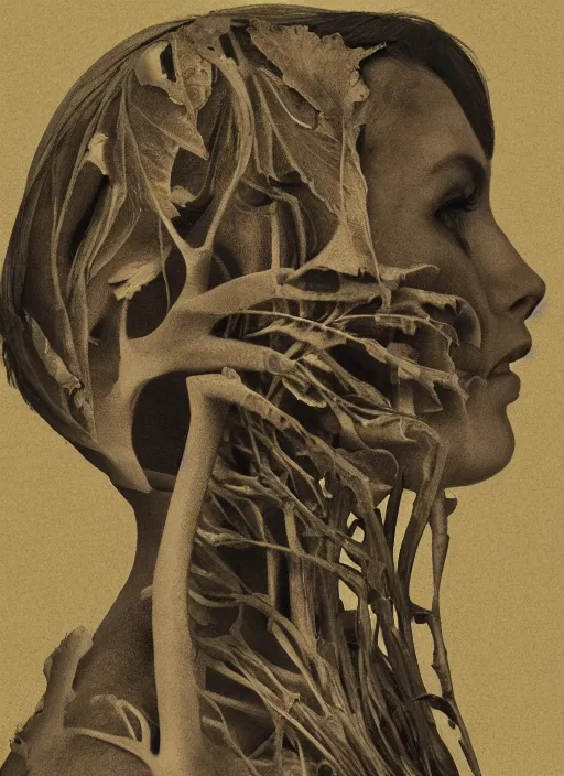 Image similar to a woman's face in profile, made of foliage skeleton, in the style of the Dutch masters and Gregory Crewdson, dark and moody