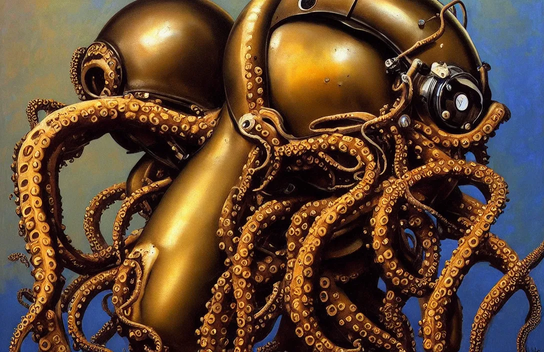 Image similar to portrait of deep sea diver helmet, octopus tentacles!!!!!!!!!!!!!!!!!!!!!!!!!!!, detailed face, detailed painting, epic lighting, by ilya repin, phil hale and kent williams