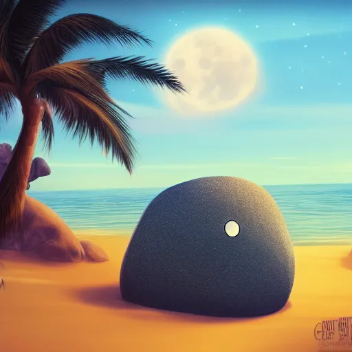 Prompt: A rock with googly eyes, the rock is chilling on the beach, palm trees swaying in the wind, the moon rising on the horizon, stars glistening in the night, hyperdetailed, artstation, cgsociety, 8k