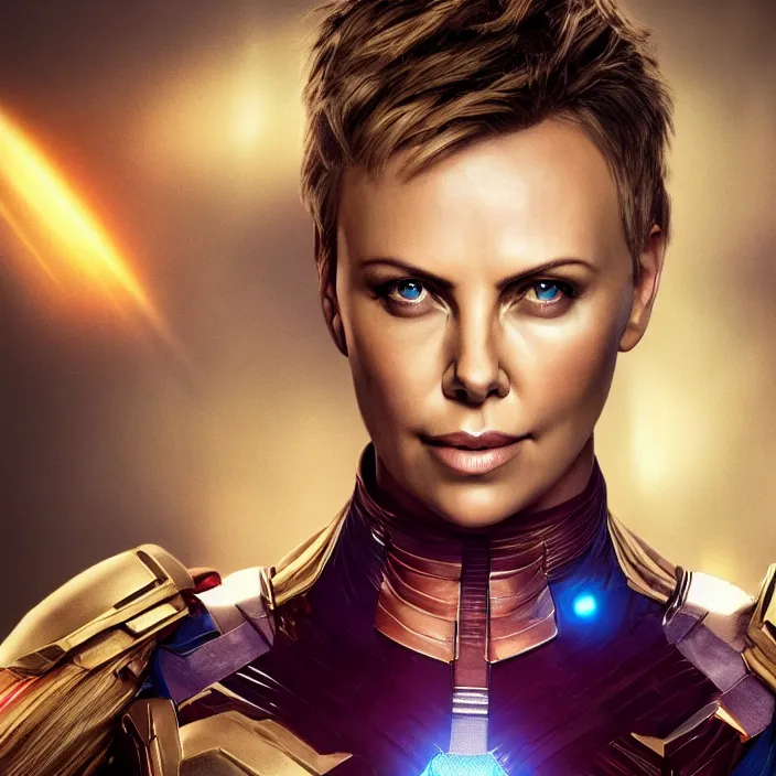 Prompt: portrait of (Charlize Theron), wearing The Infinity Gauntlet. intricate artwork. high detail, HD, octane render, trending on artstation, very coherent symmetrical artwork. avengers. thanos. cinematic, hyper realism, high detail, octane render, 8k, iridescent accents