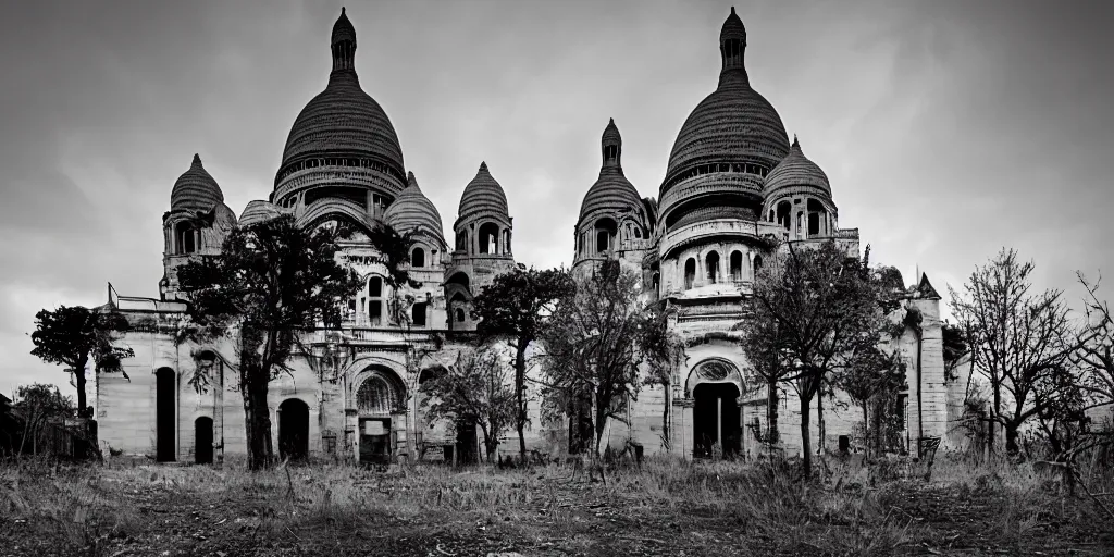 Prompt: the abandoned post-apocalyptic Basilica of Sacré Coeur de Montmartre, toxic orange and pink mist rises from the ground and contrast the white exterior, dark gray skies, stark contrasting lighting, a two-headed mutated deer-like creature looks on in the distance from the sparse twisted silhouetted foliage, a highly detailed matte painting by Zdzislaw Beksinski and Beeple, featured on Artstation