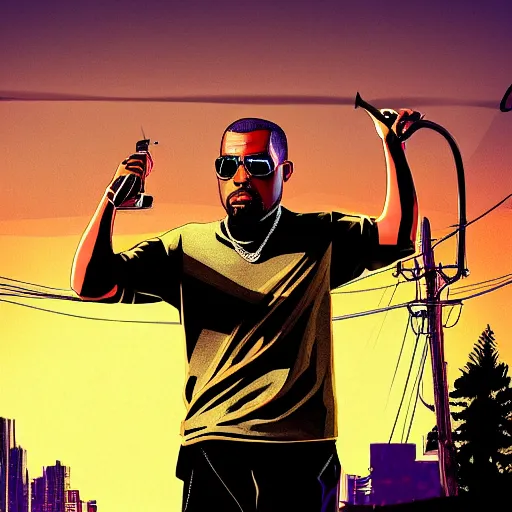 Image similar to illustration gta 5 artwork of holy saint kanye west, golden cross, in the style of gta 5 loading screen, by stephen bliss