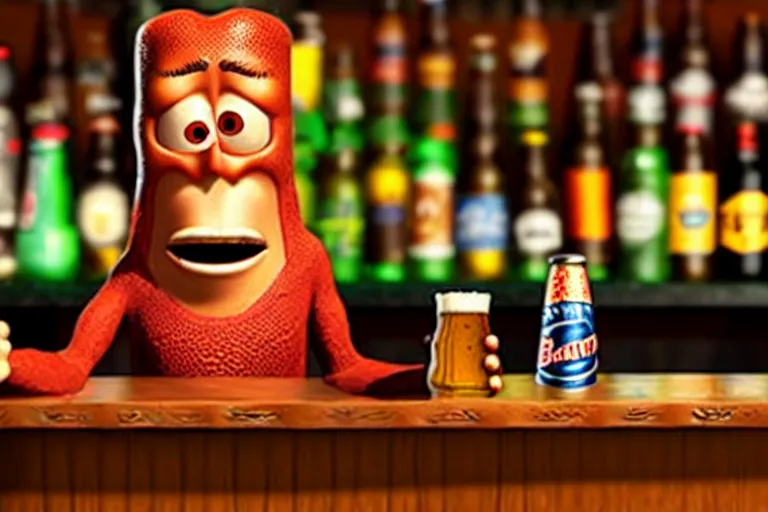 Image similar to a anthropomorphic bottle of beer standsin front of a bar yelling at the bar tender, pixar