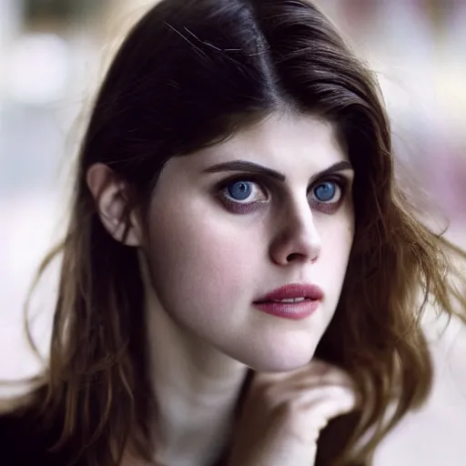 Prompt: closeup portrait of alexandra daddario in a smoky new york back street, photograph, natural light, magazine, press, photo, Steve McCurry, David Lazar