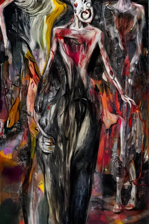 Image similar to crazy fashion catwalk, one model, crazy clothes, biopunk style, horror, hauntingly surreal, highly detailed painting by francis bacon, edward hopper, adrian ghenie, gerhard richter, and james jean soft light 4 k,