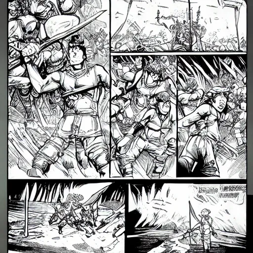 Image similar to large scale battle comic highly detailed in the style of olivier ledroit