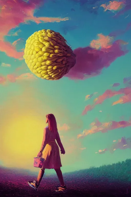 Image similar to giant corn flower head, girl walking on the moon, surreal photography, sunrise, dramatic light, impressionist painting, colorful clouds, digital painting, artstation, simon stalenhag