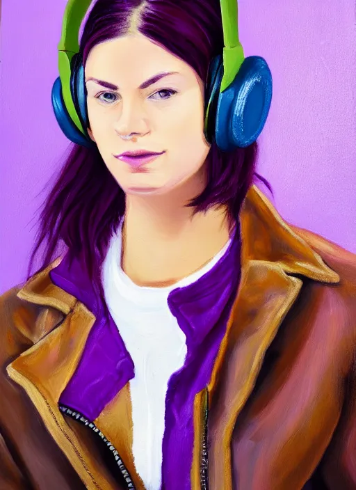 Prompt: young adult woman in a coffee shop wearing bright purple headphones and a leather jacket looking unamused, natural light, oil painting