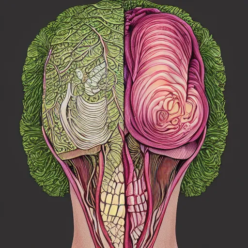 Prompt: the anatomy of a head of lettuce that looks like a pretty woman, an ultrafine detailed painting by james jean, intricate linework, full color, studio ghibli, behance contest winner, vanitas, angular, altermodern, unreal engine