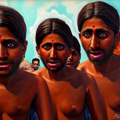 Image similar to a painting of a terrified brown woman with three brown men in background, hyperrealistic faces, detailed digital art, aesthetic!, trending on artstation,