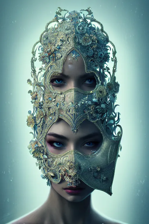 Prompt: a hyper detailed full faced mask detailed stitching, elaborate, extravagant beautifully lit, cinematography, 8 k post production, atmospheric background, ambient occlusion, global illumination by balenciaga, wlop, art station trending, concept art