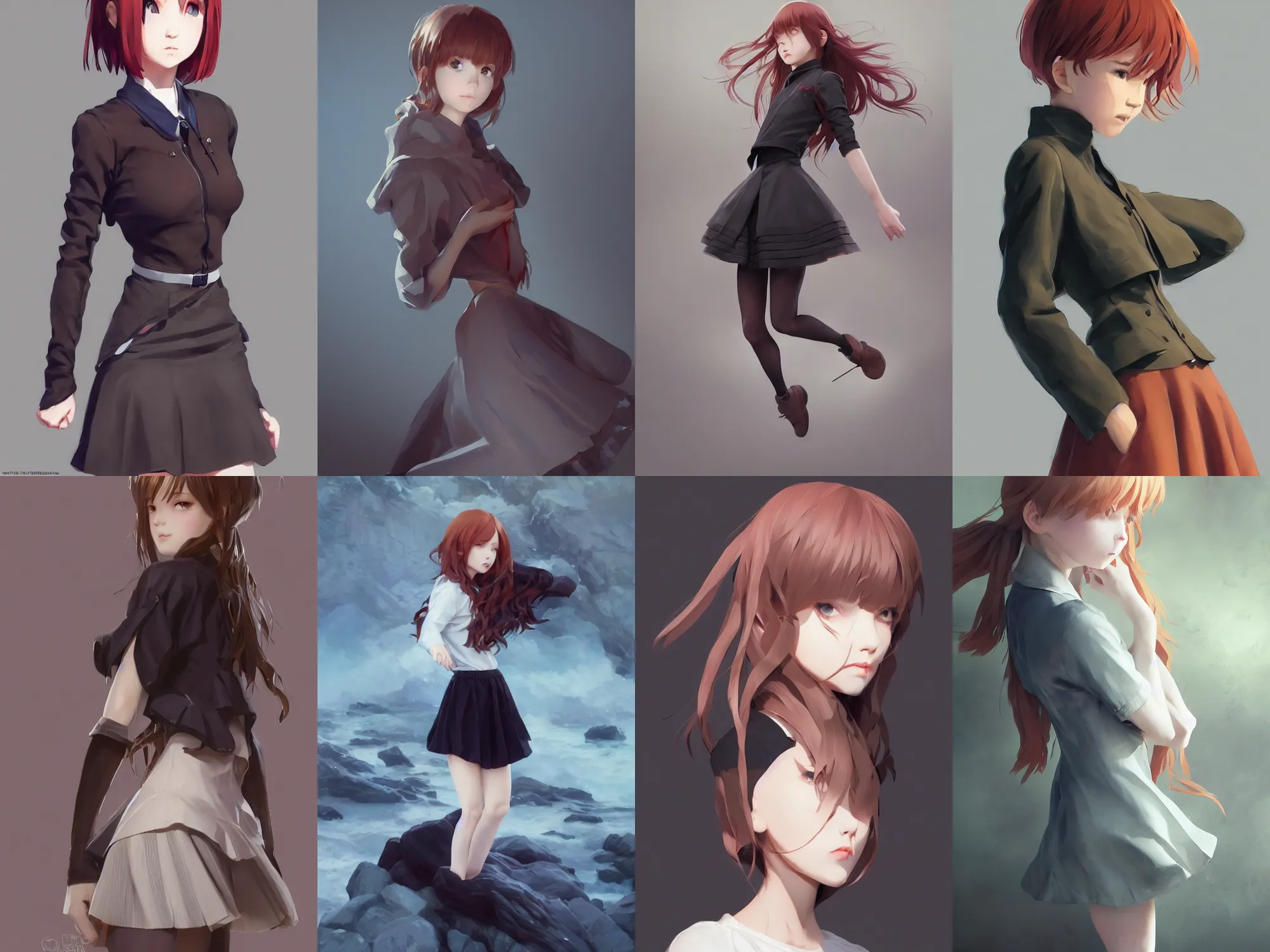 Prompt: Very complicated dynamic composition, semirealistic gentle style at Pixiv by WLOP, ilya kuvshinov, krenz cushart, Greg Rutkowski, trending on artstation. Zbrush sculpt colored, Octane render in Maya and Houdini VFX, young redhead girl in motion, wearing jacket and skirt, silky hair, black stunning deep eyes. Amazing textured brush strokes. Cinematic dramatic soft volumetric studio lighting