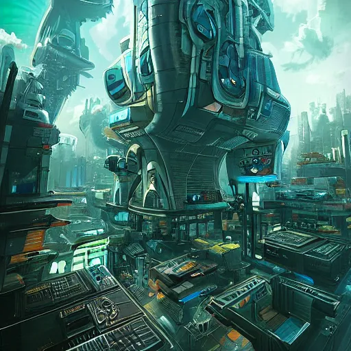 Image similar to “ a cat looking down on a futuristic city, ghostpunk, very detailed, trending on artstation ”