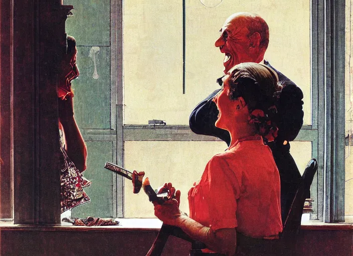 Image similar to a laughing man sitting by the window, a slim woman in the background, norman rockwell