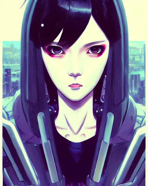 Image similar to a comic potrait of a cyberpunk cyborg girl with big and cute eyes, fine - face, realistic shaded perfect face, fine details. night setting. very anime style. realistic shaded lighting poster by ilya kuvshinov katsuhiro, magali villeneuve, artgerm, jeremy lipkin and michael garmash, rob rey and kentaro miura style, trending on art station