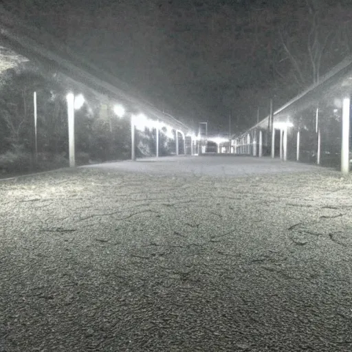 Prompt: Empty playground in the middle of an abandoned highway at night, broken camera, compressed jpeg, damaged webcam image, grainy damaged photo, trail cam footage