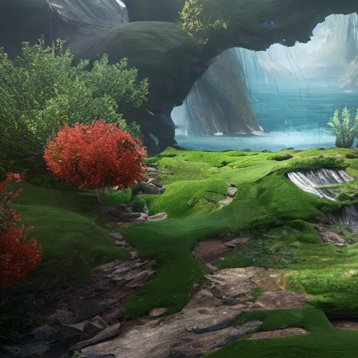 Image similar to a beautiful landscape, octane render, nvidia raytracing demo, masterpiece