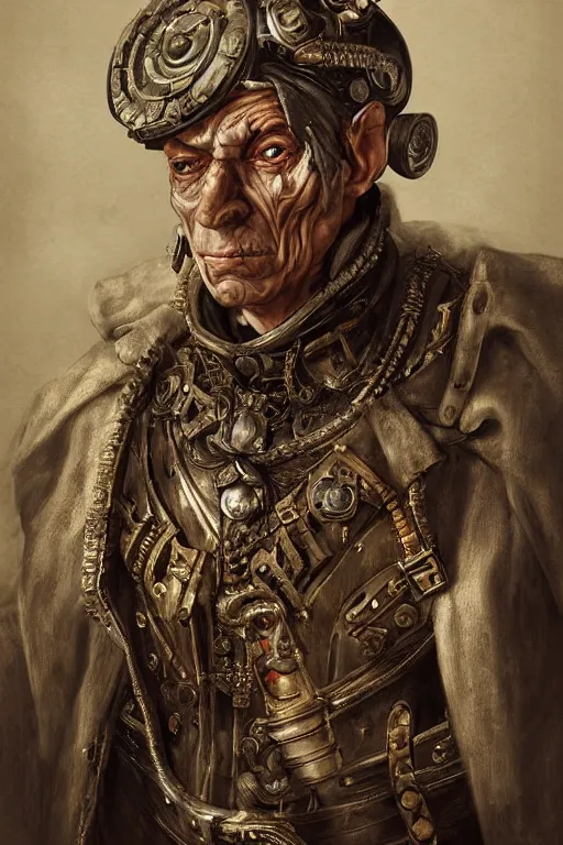 Prompt: portrait, headshot, digital painting, of a old 17th century cyborg merchant, baroque, ornate clothing, realistic, hyperdetailed, chiaroscuro, concept art, art by Franz Hals