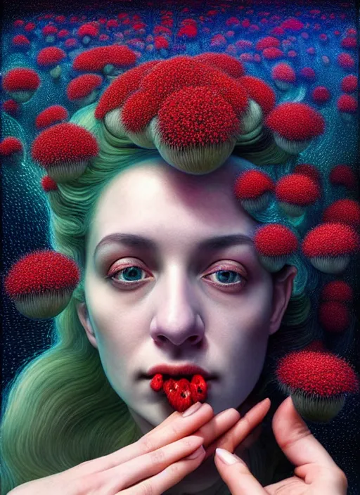 Image similar to hyper detailed 3d render like a Oil painting - Aurora (Singer) Eats of the Strangling Fruit of penance open eyes and Her Hands full of gossamer polyp blossoms bring iridescent fungal flowers whose spores black the foolish stars by Jacek Yerka, Mariusz Lewandowski, Houdini algorithmic generative render, Abstract brush strokes, Masterpiece, Edward Hopper and James Gilleard, Zdzislaw Beksinski, Mark Ryden, Wolfgang Lettl, hints of Yayoi Kasuma, octane render, 8k