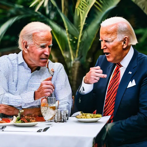 Image similar to donald Trump and joe Biden having dinner at a fancy Balinese restaurant, award winning photography, 85mm, perfect faces