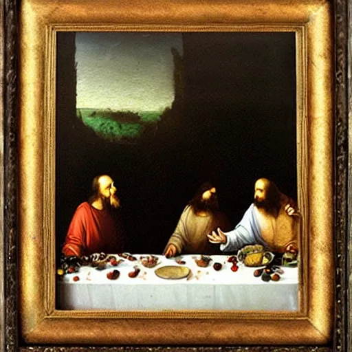 Prompt: high quality oil painting by leonardo da vainci, last supper with raven birds