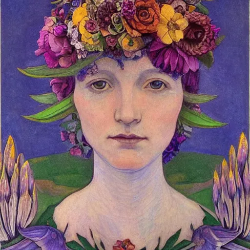 Image similar to the flower crown, by Annie Swynnerton and Nicholas Roerich and Diego Rivera, bioluminescent skin, tattoos, wings made out of flowers, elaborate costume, geometric ornament, symbolist, cool colors like blue and green and violet, smooth, sharp focus, extremely detailed