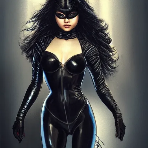 Image similar to full figure ultra realistic illustration, selena gomez as catwoman, intricate, elegant, highly detailed, digital painting, artstation, concept art, smooth, sharp focus, illustration, art by artgerm and greg rutkowski and alphonse mucha