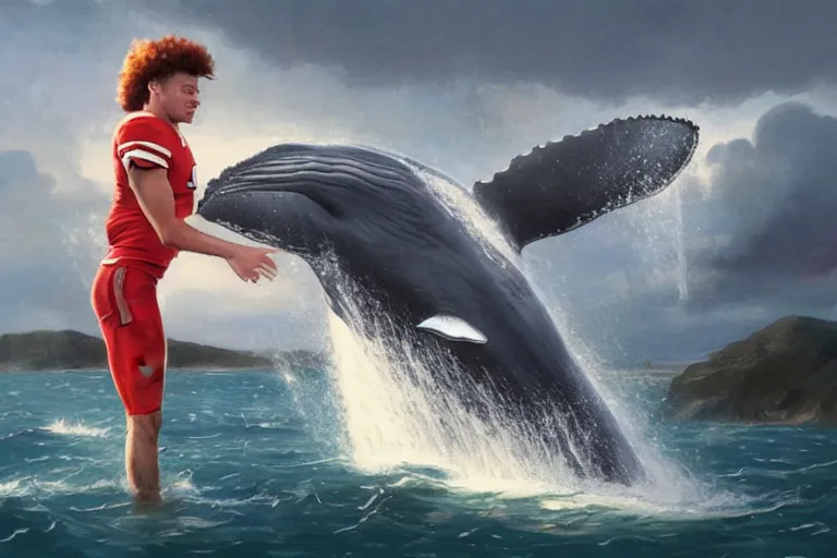 Image similar to a whale who loves patrick mahomes and the nfl, by greg rutkowski, rossdraws, gil elvgren, enoch bolles, anime, very coherent