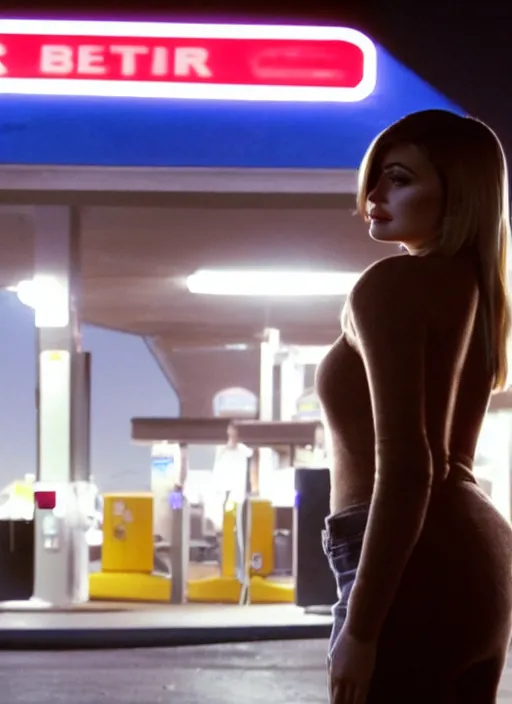 Image similar to a pov, color cinema film still of kylie jenner standing at a gas station, ambient lighting at night, from better call saul ( 1 9 9 9 ).