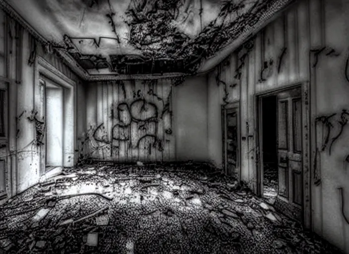 Prompt: creepy abandoned building at night, liminal space, nightmare fuel, grotesque, cursed, found footage, necromorph, back rooms