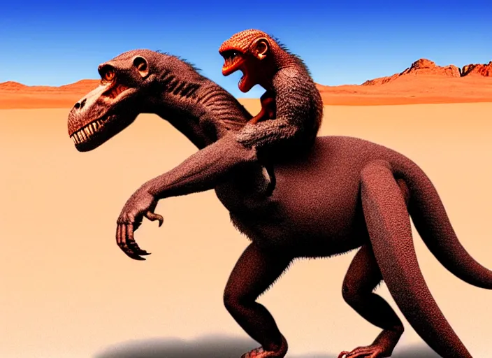 Image similar to Monkey riding T-Rex, Tyrannosaurus rex, saddle, mounted, digital art, Utah desert, monkey, monkey riding t-Rex, 8k