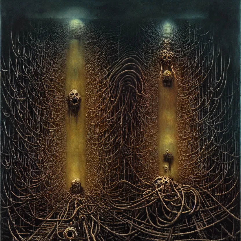 Image similar to a bizarre industrial nightmare full of unspeakable creatures, cosmic horror, by zdzisław beksinski and greg rutkowski and esao andrews and salvador dali, oil on canvas, technology, abstract, surreal, hell, horror, dark, intricate textures