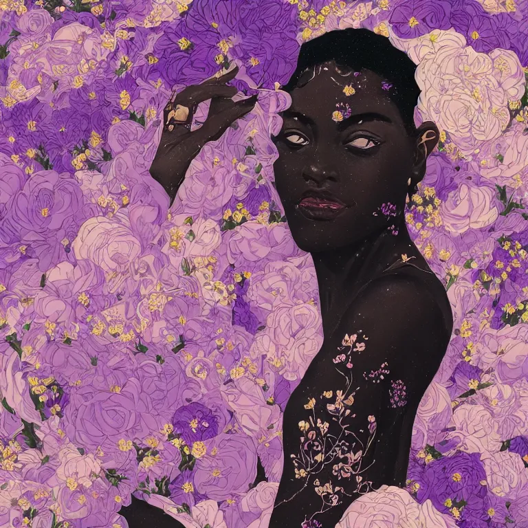 Prompt: gorgeous portrait of a black woman with lavender and rose florals by victo ngai, hyper detailed painting, distance, centered, hd, hq, high resolution, high detail, 4 k, 8 k