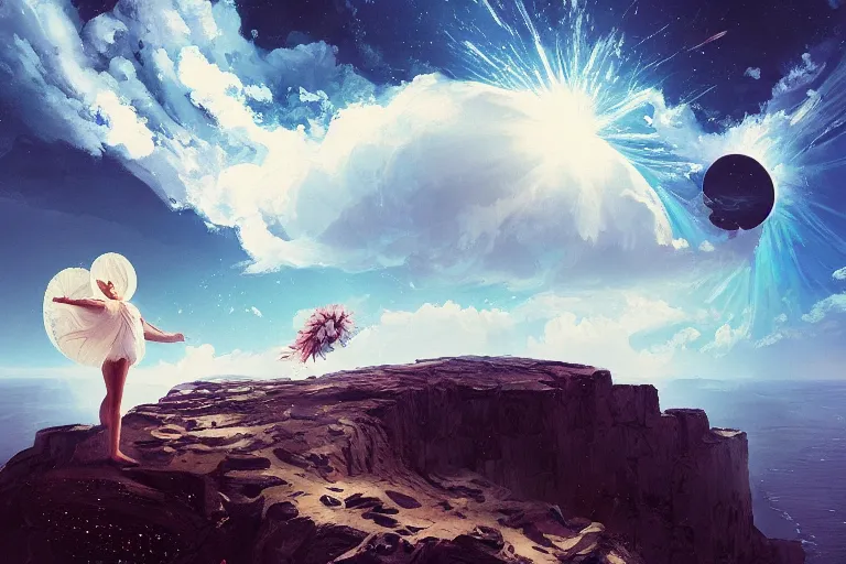 Image similar to giant white daisy flower crown on head, girl jumping on cliff, surreal photography, solar eclipse, milky way, dramatic light, impressionist painting, clouds, digital painting, artstation, james gilleard, liam wong, jeremy mann, simon stalenhag