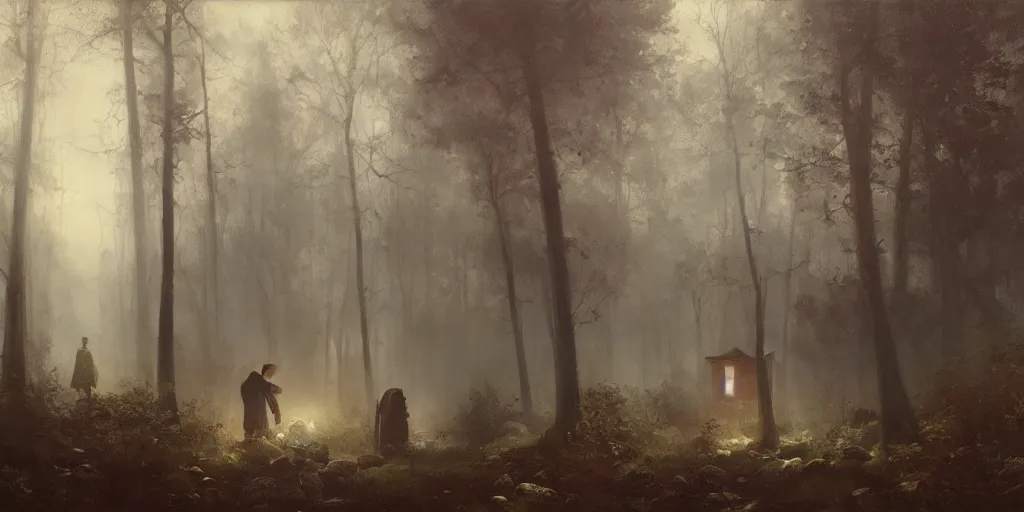 Image similar to an old house with red light on from the windows during the night in a forest, a men stand up in front of the house, mystical fog, oil on canvas, art by andreas achenbach, clemens ascher, tom bagshaw and sabbas apterus,