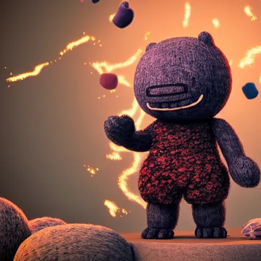 Image similar to cute fluffy sackboy cuddling a woolen earth, magical sparks flying around it in circles, 3d rendered, Ultra HD