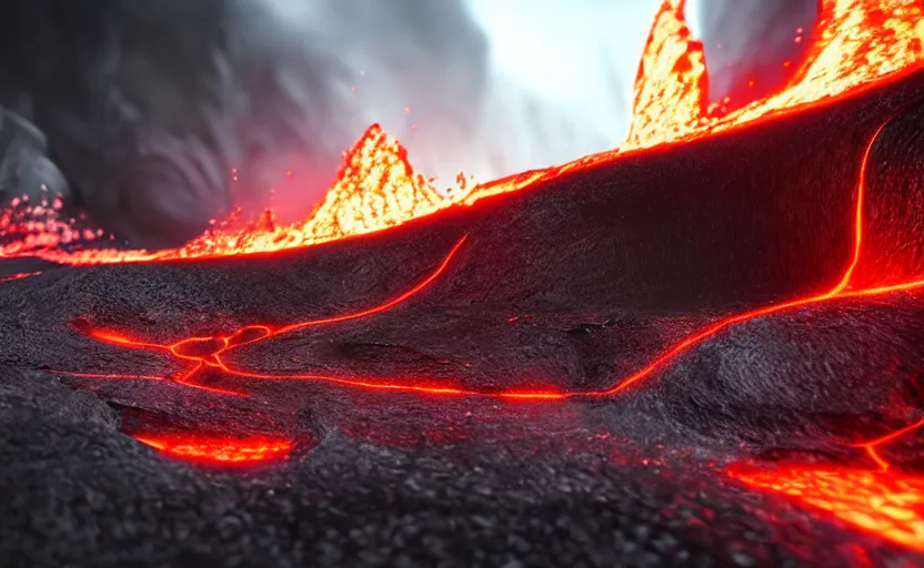 Prompt: surfing down a river of lava on the side of a volcano, action shot, dystopian, motion blur, sharp focus, imax, octane render