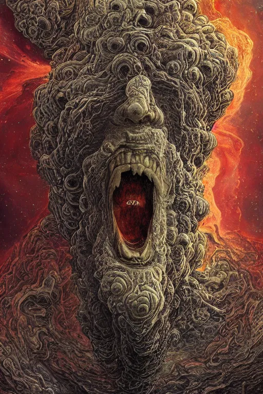 Prompt: an old fractal man screams and a tornado comes out of his mouth by artgem and gustave dore, highly detailed and colored, high contrast, trippy, nebula, trending on artstation